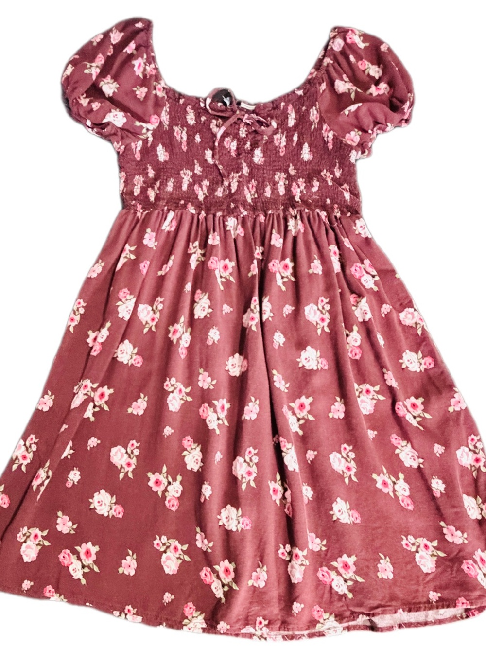 Lily Morgan XL Burgundy Flower Smocked Puff Sleeve Mini Dress Tunic Top